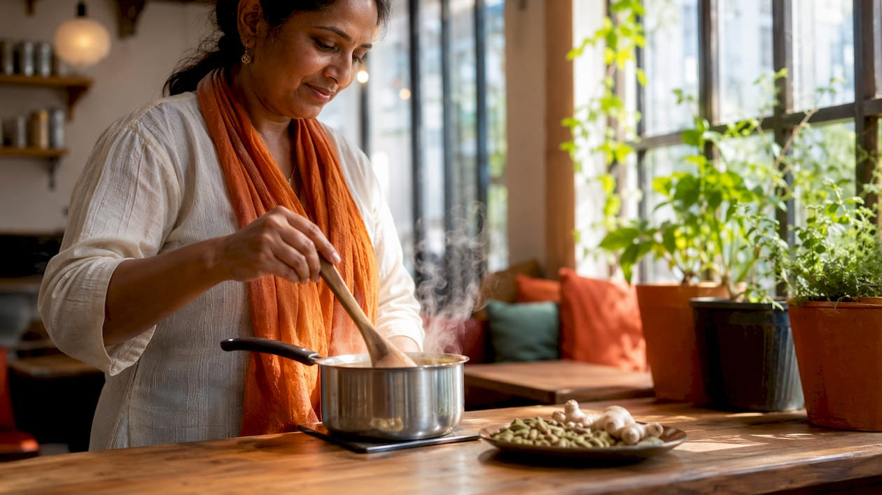 Woman stirring masala chai in kitchen