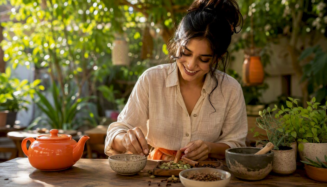 Woman preparing caffeine-free chai in kitchen