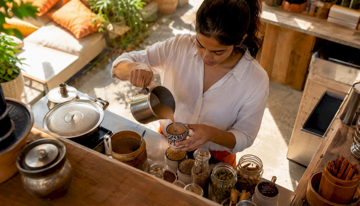Barista preparing chai at Dropout Chaiwala cafe