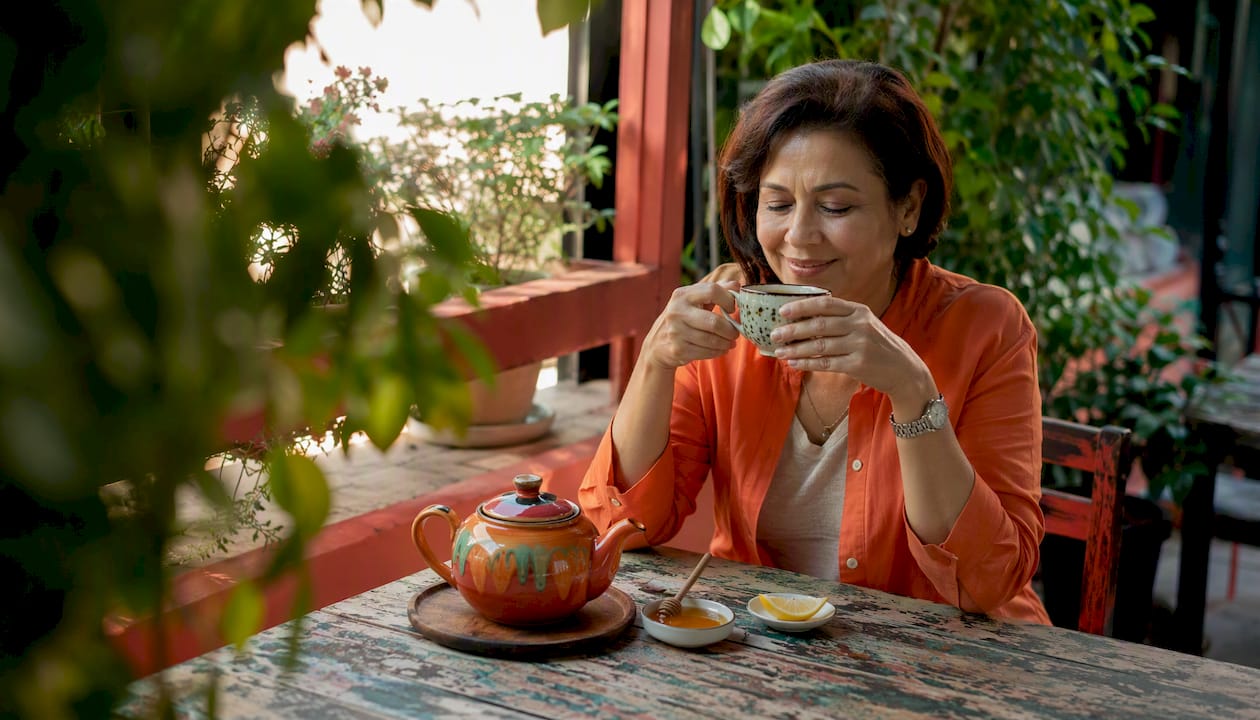 Woman drinking herbal tea at home