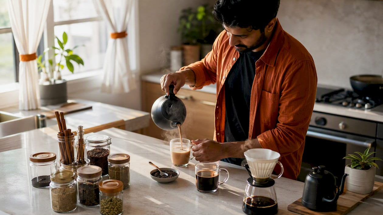 Man preparing chai and coffee side by side