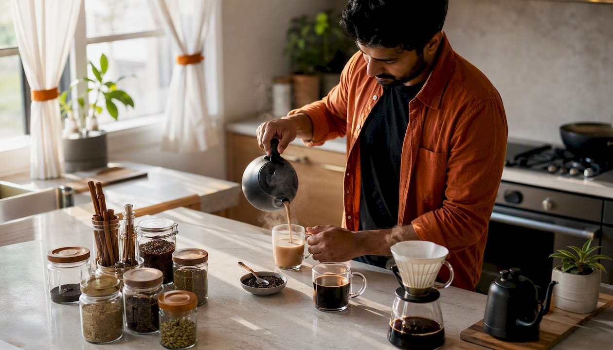 Man preparing chai and coffee side by side