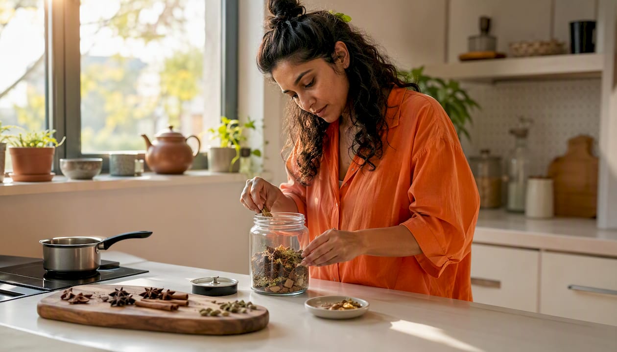Woman preparing cold brew chai concentrate in kitchen