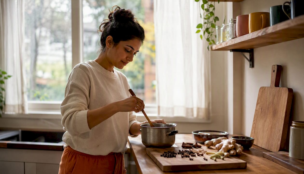 Woman making low sugar chai at home kitchen