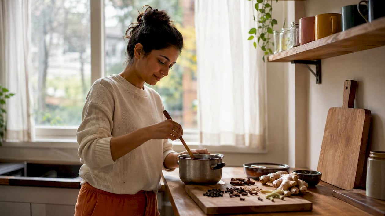Woman making low sugar chai at home kitchen