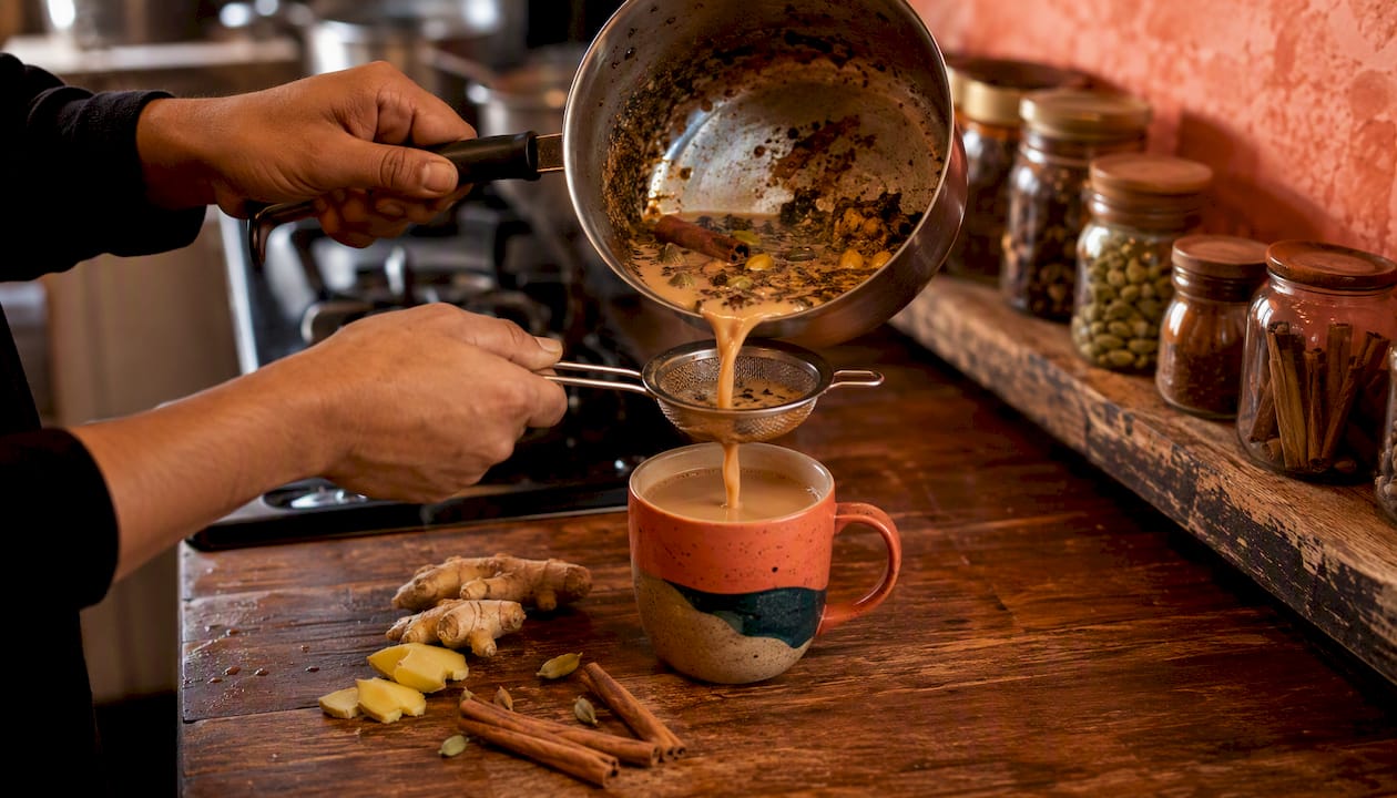 Hands brewing masala chai in a pot