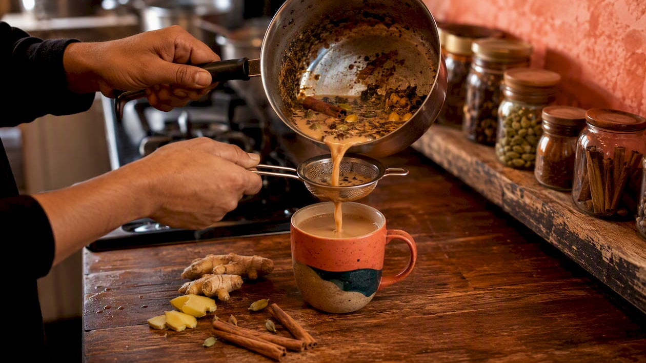 Hands brewing masala chai in a pot
