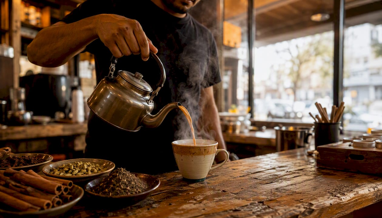 Pouring masala chai at Melbourne cafe counter