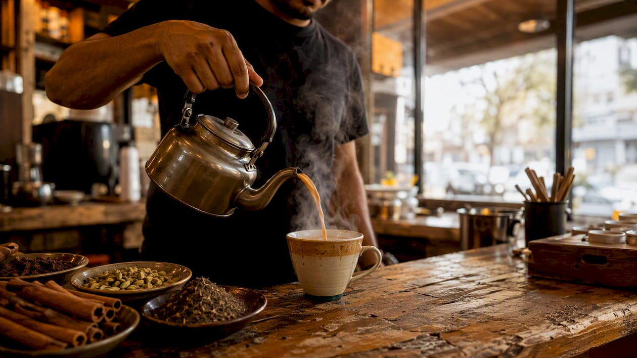 Pouring masala chai at Melbourne cafe counter