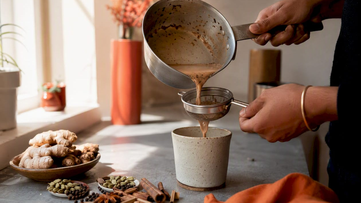 Hands adding spices to chai brew