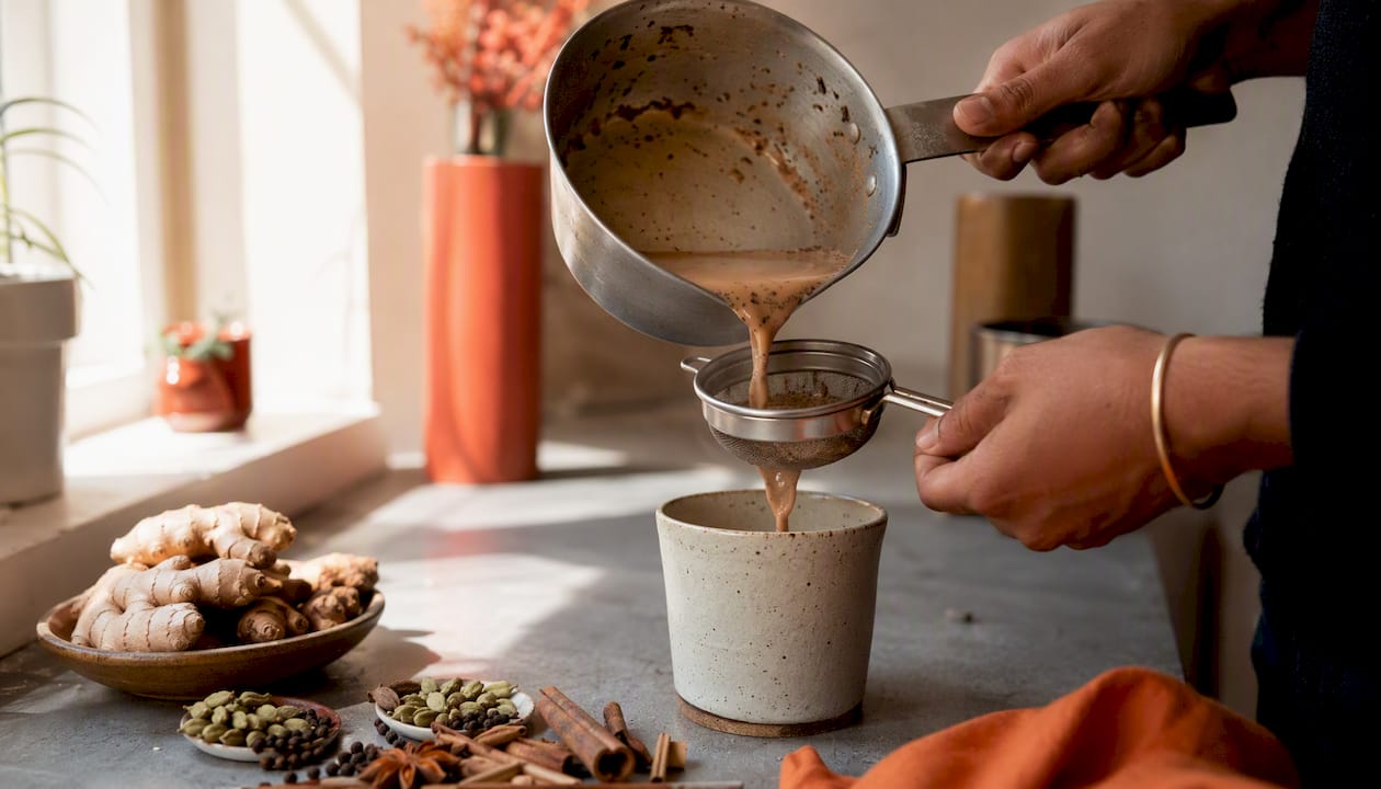 Hands adding spices to chai brew