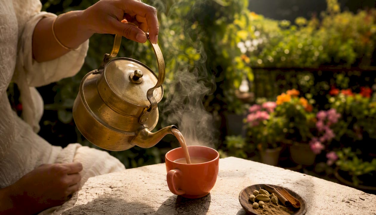 Hands pouring steaming chai into cup at night