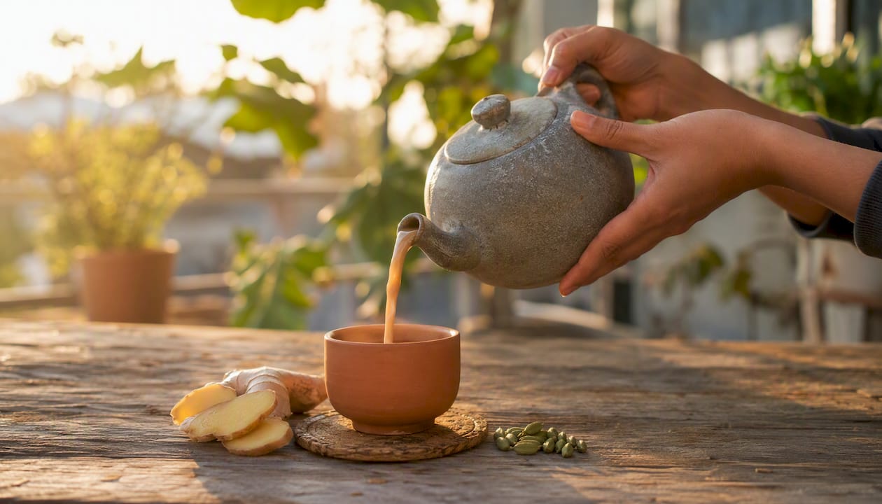 Hands pouring chai with ginger and cardamom
