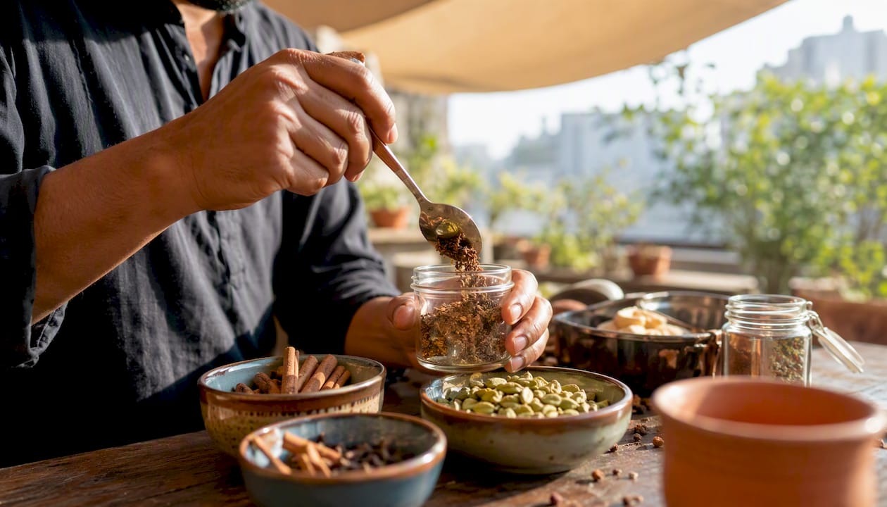 Hands spooning toasted chai spices into jar