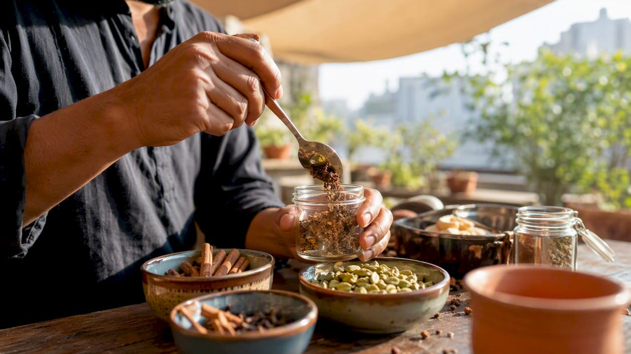 Hands spooning toasted chai spices into jar