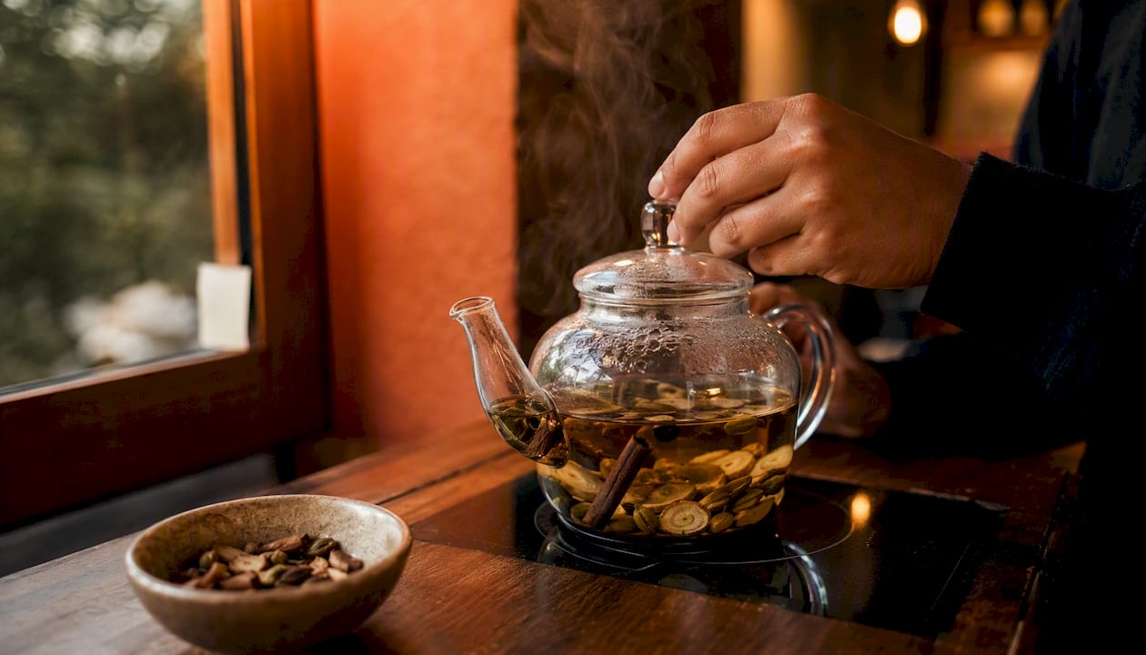 Glass teapot steeping whole chai spices