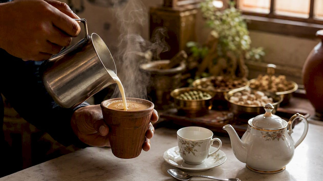 Indian chai in clay cup next to British tea in porcelain cup