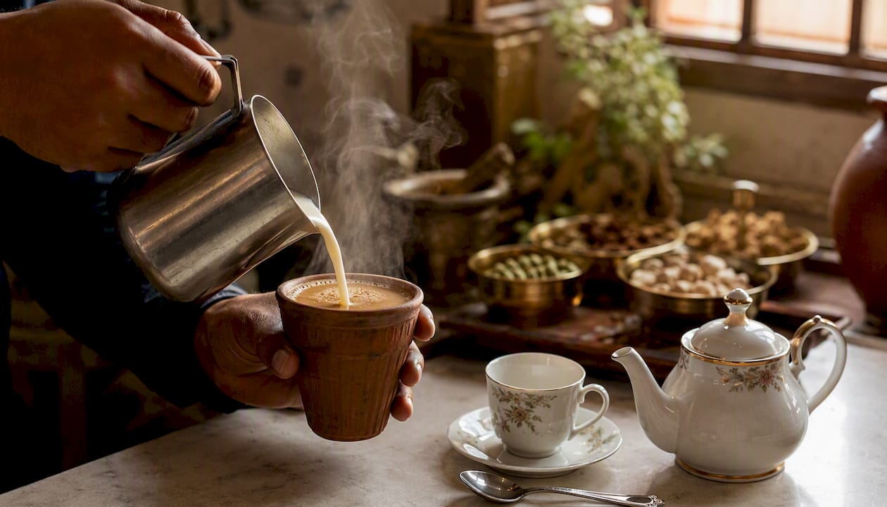 Indian chai in clay cup next to British tea in porcelain cup
