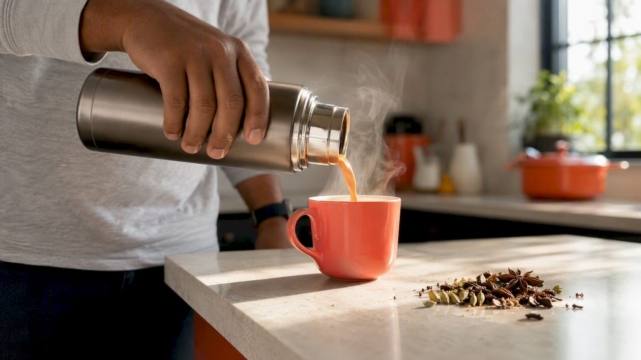 Hand pouring hot masala chai from vacuum flask
