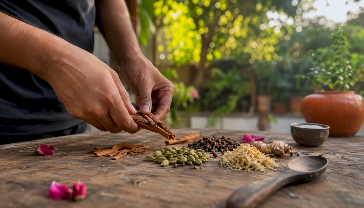 Hands cracking cardamom pods with chai spices