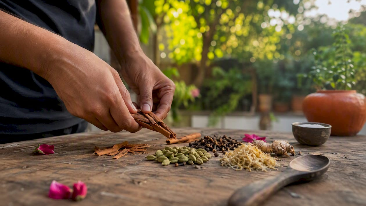 Hands cracking cardamom pods with chai spices