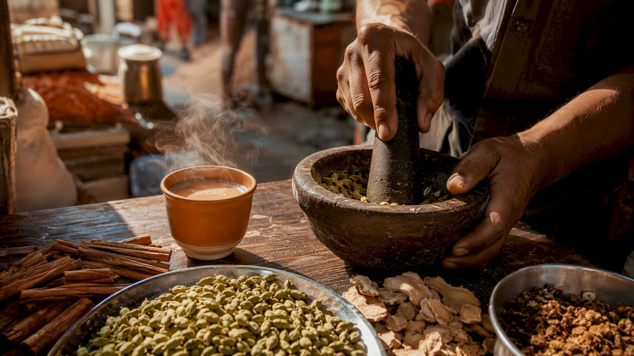 Hands crushing green cardamom pods over cup of chai