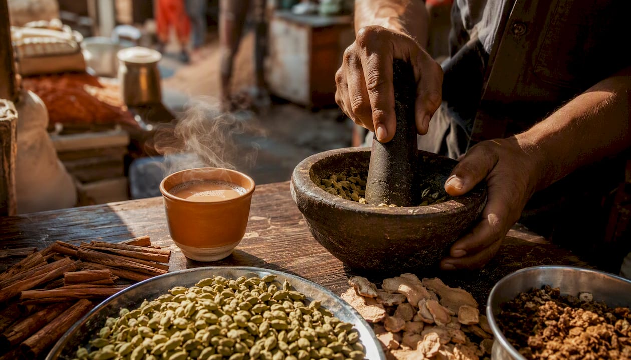 Hands crushing green cardamom pods over cup of chai