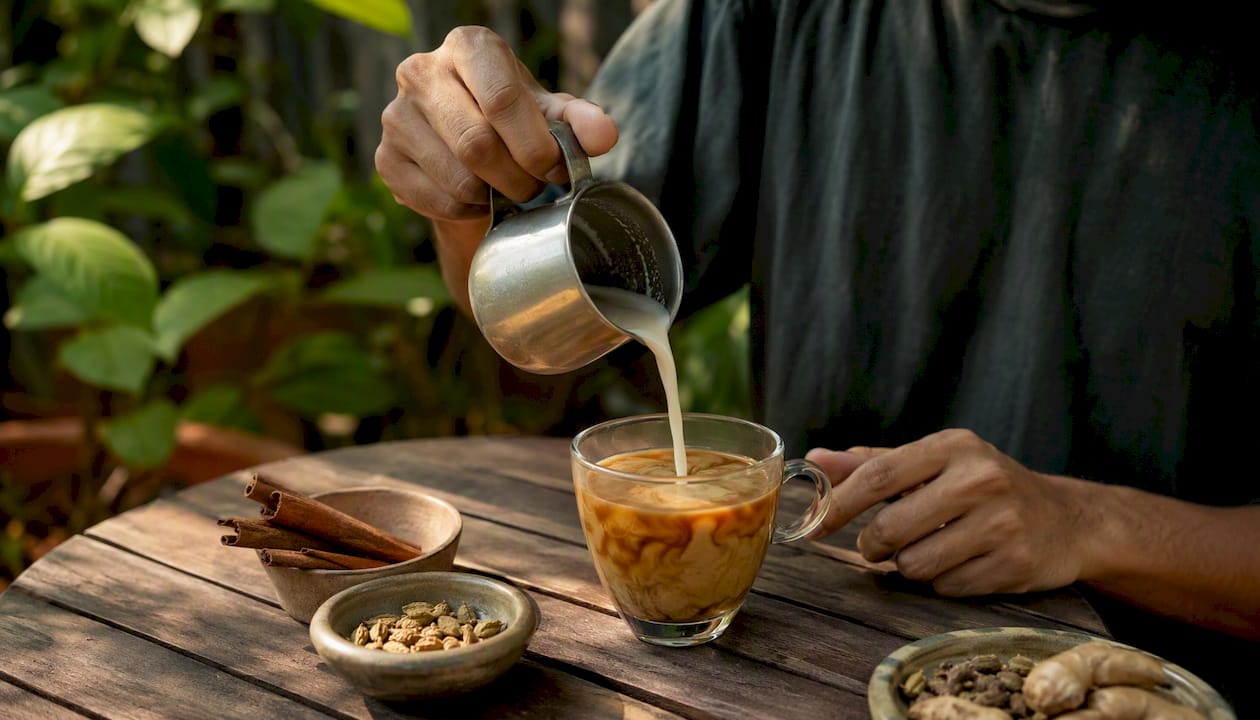 Hands pouring steamed milk into spiced chai cup