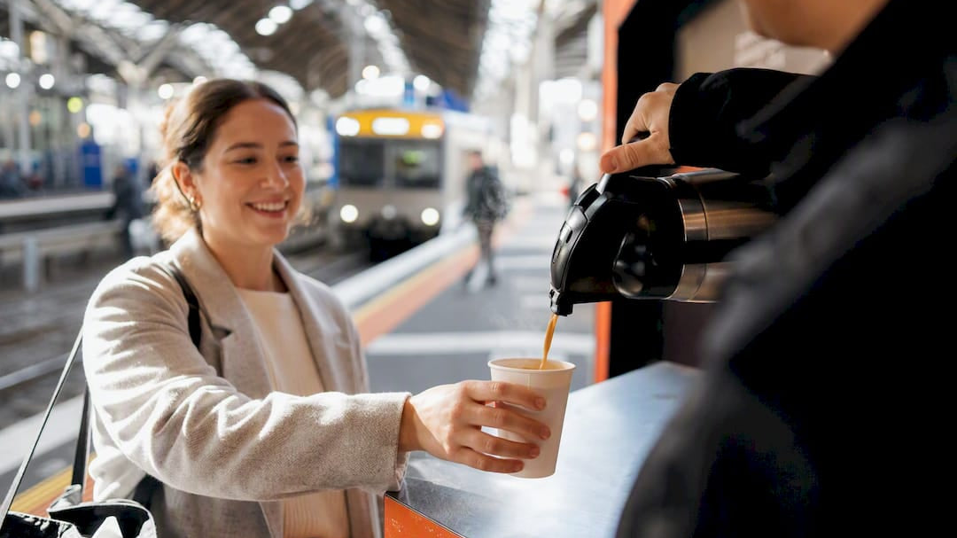 Commuter receiving chai at station counter