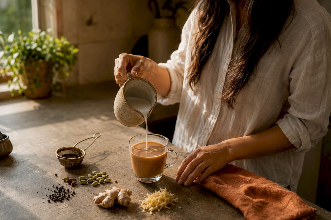 Pouring oat milk into vegan masala chai cup