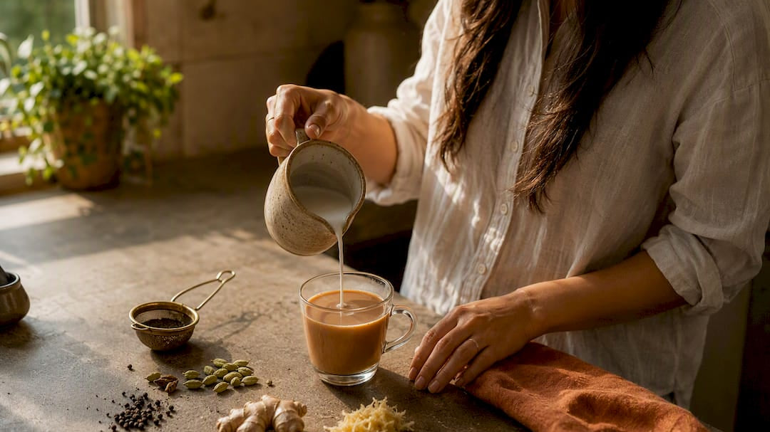 Pouring oat milk into vegan masala chai cup
